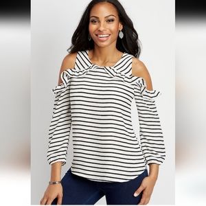 NWT Maurices Ruffled stripe cold shoulder top woman's medium white & black